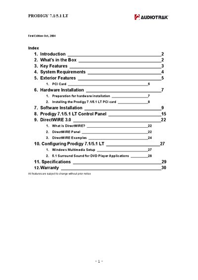 AUDIOTRAK Prodigy 7.1/5.1 LT User Manual - cover page