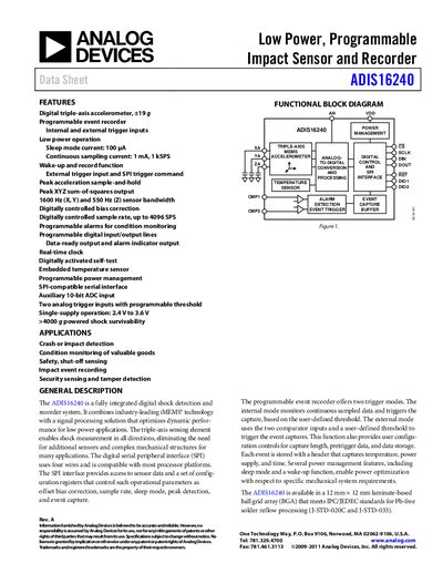 Analog Devices ADIS16240 Low Power Programmable Impact Sensor and Recorder Datasheet - cover page