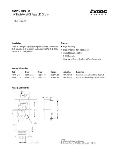 Avago HDSP-C1x1/C1x3 1.0 Single Digit PCB LED Display Data Sheet - cover page