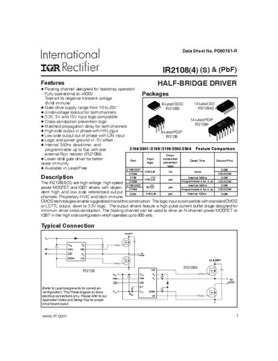 International Rectifier IR2108 Half-Bridge Driver Datasheet - cover page