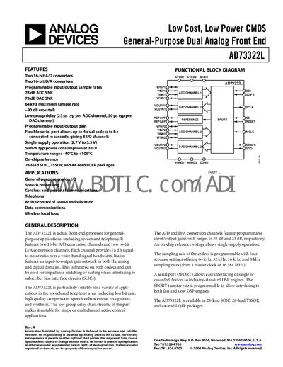 Analog Devices AD73322L Dual Analog Front End Datasheet - cover page