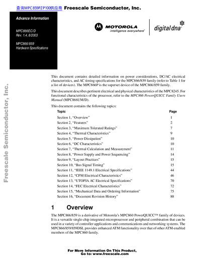 Freescale MPC866EC/D Hardware Specifications Datasheet - cover page