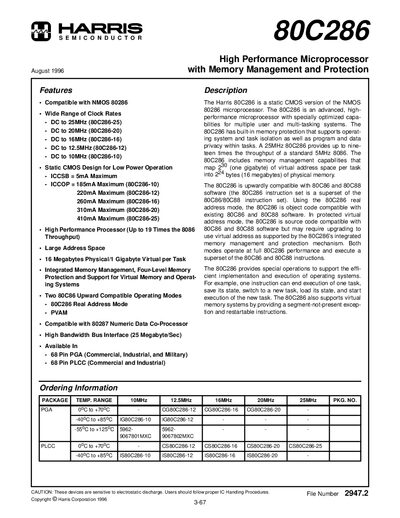 Harris 80C286 High Performance Microprocessor Data Sheet - cover page