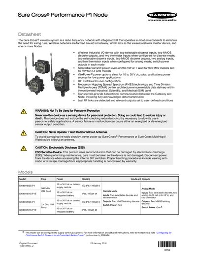 Banner Engineering Performance P1 Node Datasheet - cover page