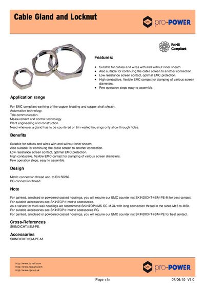 Pro-Power Cable Gland Locknut Datasheet - cover page