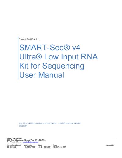 Takara Bio SMART-Seq v4 Ultra Low Input RNA Kit for Sequencing User Manual - cover page