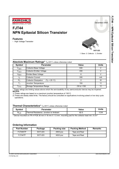 Fairchild FJT44 NPN Epitaxial Silicon Transistor Datasheet - cover page