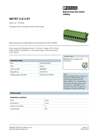 PHOENIX CONTACT MSTBT 2 5/ 2-ST Order No.: 1779835 handbook - cover page