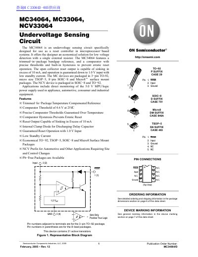 ON Semiconductor MC34064/MC33064/NCV33064 Undervoltage Sensing Circuit Datasheet - cover page