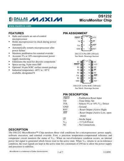 Maxim DS1232 MicroMonitor Chip Datasheet - cover page