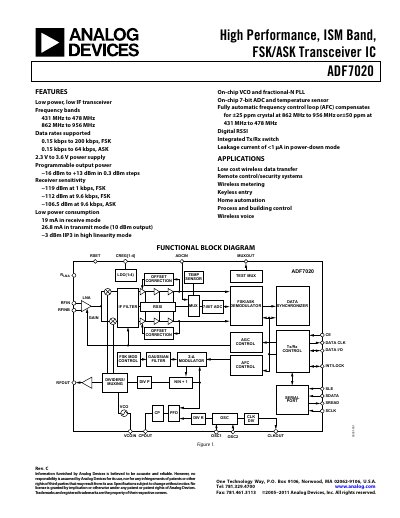 Analog Devices ADF7020 Transceiver IC Datasheet - cover page