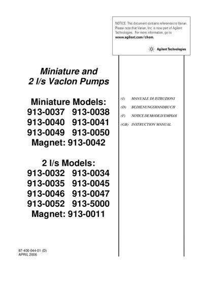 Agilent Technologies Miniature 2 ls VacIon Pumps913-0037 Manual - cover page