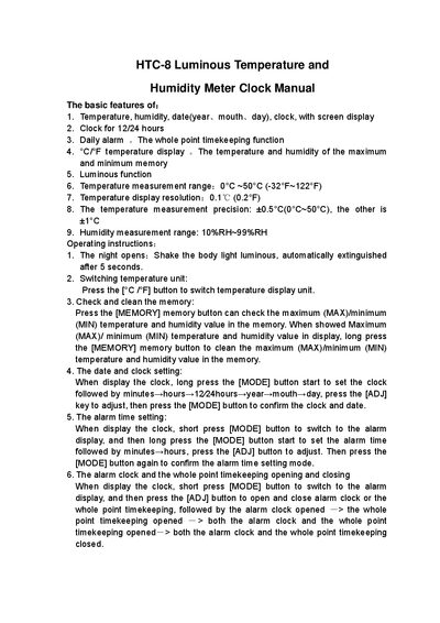 HTC-8 Luminous Temperature and Humidity Meter Clock Manual - cover page