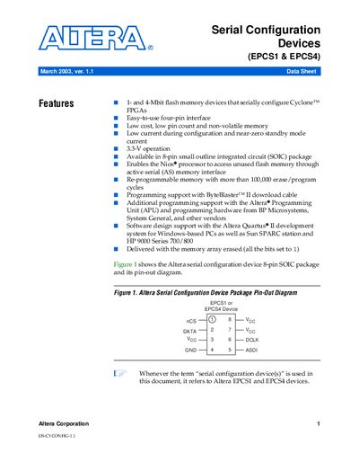 Altera EPCS1 and EPCS4 Serial Configuration Devices Datasheet - cover page