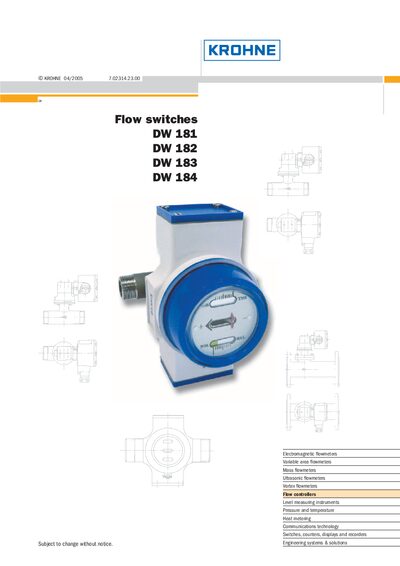 KROHNE DW 181, DW 182, DW 183, DW 184 Flow Switches Datasheet - cover page