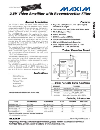 Maxim MAX9502 2.5V Video Amplifier with Reconstruction Filter Datasheet - cover page