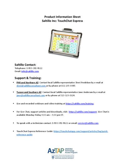 Saltillo TouchChat Express Product Information Sheet - cover page