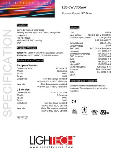 LightTech LED-6W/700mA Constant Current LED Driver User Manual - cover page