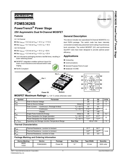 Fairchild FDMS3626S PowerTrench Asymmetric Dual N-Channel MOSFET Datasheet - cover page