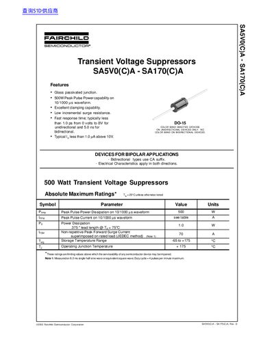 Fairchild SA5V0(C)A - SA170(C)A Transient Voltage Suppressor Datasheet - cover page