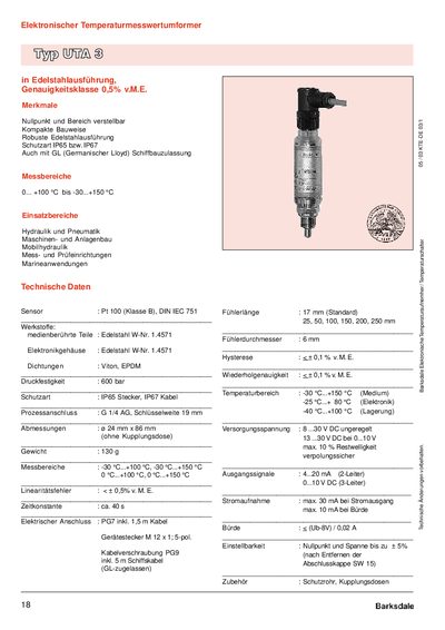 Barksdale UTA 3 Temperature Transmitter Datasheet - cover page