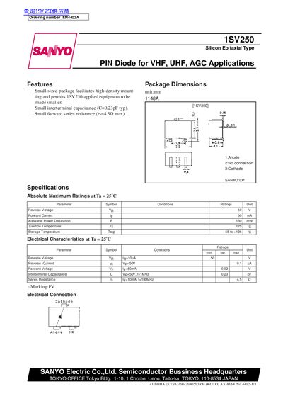 SANYO 1SV250 Silicon Epitaxial Type PIN Diode Datasheet - cover page
