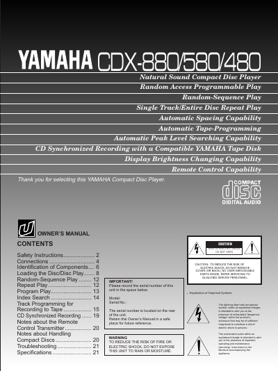 Yamaha CDX-880/580/480 Compact Disc Player Owner's Manual - cover page
