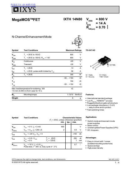 IXYS IXTH14N80 MegaMOSFET Datasheet - cover page