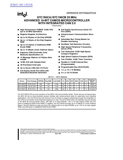 Intel 87C196CA/87C196CB Advanced 16-Bit CHMOS Microcontroller Datasheet - cover page