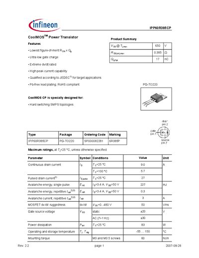 Infineon IPP60R385CP CoolMOS Power Transistor Datasheet - cover page