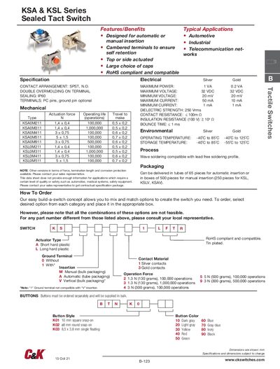 CK Switches KSA & KSL Series Sealed Tact Switch Datasheet - cover page