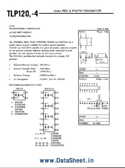 Toshiba TLP120-4 GaAs IRED Photo-Transistor Datasheet - cover page