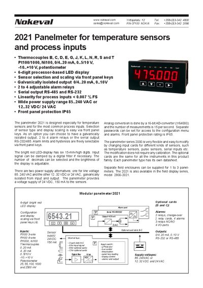 Nokeval 2021 Panelmeter Product Specification - cover page