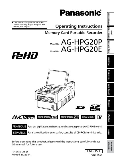 Panasonic AG-HPG20P Memory Card Portable Recorder Operating Instructions