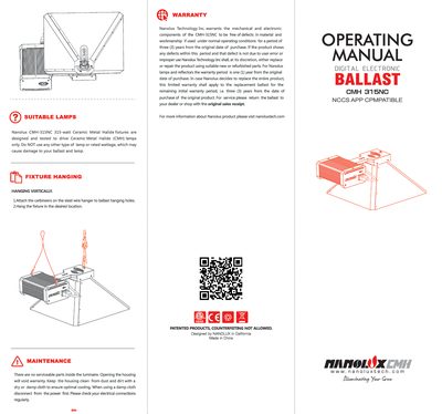 Nanolux CMH-315NC Digital Electronic Ballast Operating Manual - cover page