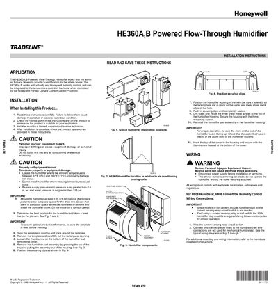 Honeywell HE360A,B Powered Flow-Through Humidifier Installation Guide - cover page