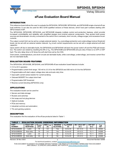 Vishay Siliconix SiP32433/SiP32434 eFuse Evaluation Board Manual - cover page