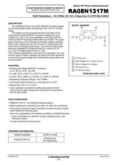 Mitsubishi Electric RA08N1317M RF Power Amplifier Module Datasheet - cover page