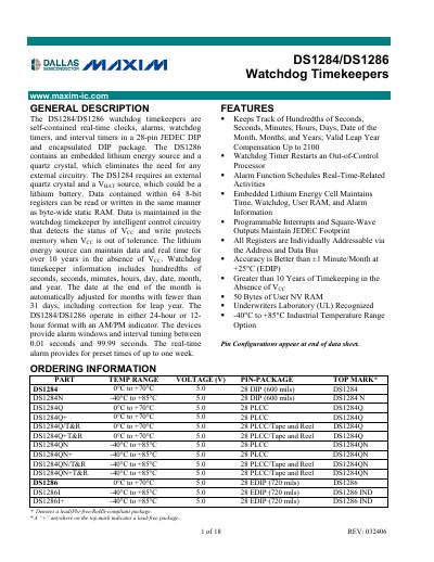 Maxim DS1284/DS1286 Watchdog Timekeepers Datasheet - cover page