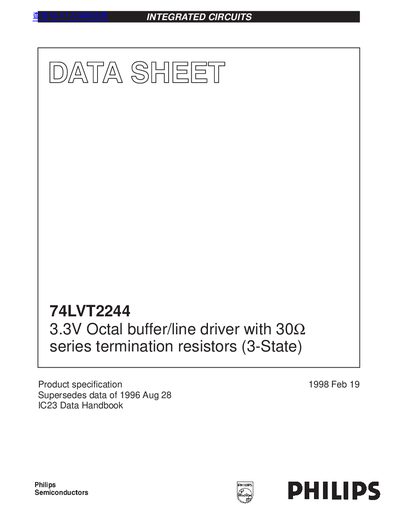 PHILIPS 74LVT2244 3.3V Octal buffer/line driver with 30 series termination resistors (3-State) handbook - cover page
