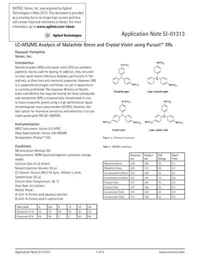 Varian SI-01313 LC-MS/MS Analysis of Malachite Green and Crystal Violet - cover page