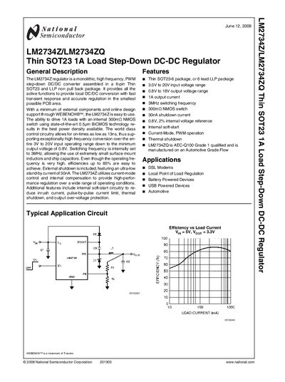 NATIONAL SEMICONDUCTOR LM2734Z/LM2734ZQ Thin SOT23 1A Load Step-Down DC-DC Regulator Manual - cover page