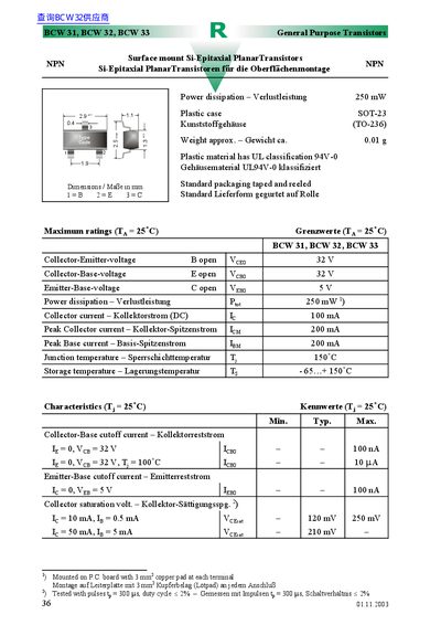 BCW BCW 31/32/33 General Purpose Transistors Datasheet - cover page