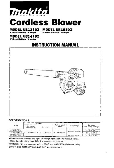 Makita Cordless Blower UBl8lDZ INSTRUCTION MANUAL - cover page