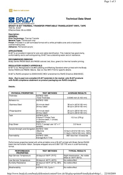Brady B-427 Technical Data Sheet - cover page