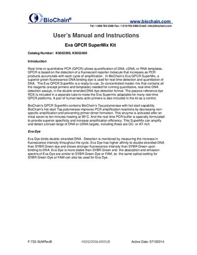 BioChain Eva QPCR SuperMix Kit K5052200, K5052400 User Manual - cover page