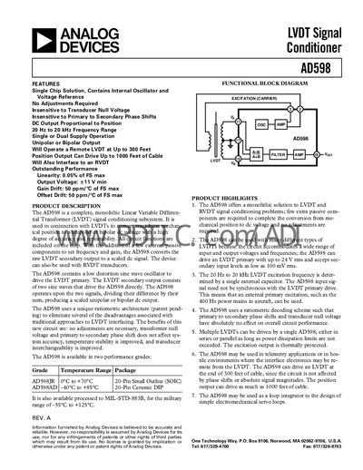 Analog Devices AD598 LVDT Signal Conditioner Datasheet - cover page