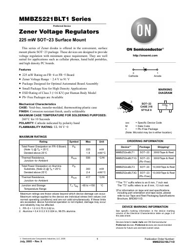 ON Semiconductor MMBZ5221BLT1 Series Zener Voltage Regulator Datasheet - cover page