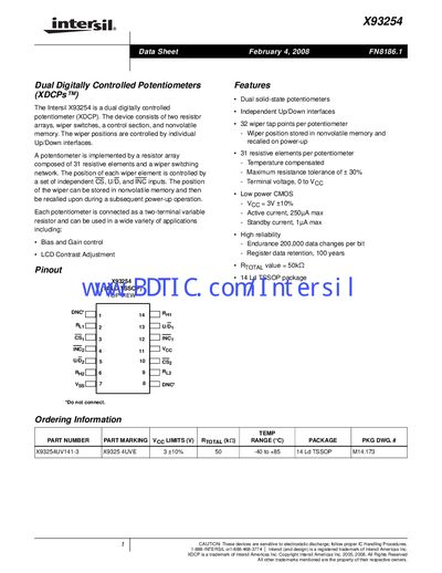 Intersil X93254 Dual Digitally Controlled Potentiometer Datasheet - cover page