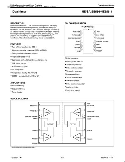 Philips NE556/NE556-1/SA556/SE556 Dual Timer Datasheet - cover page